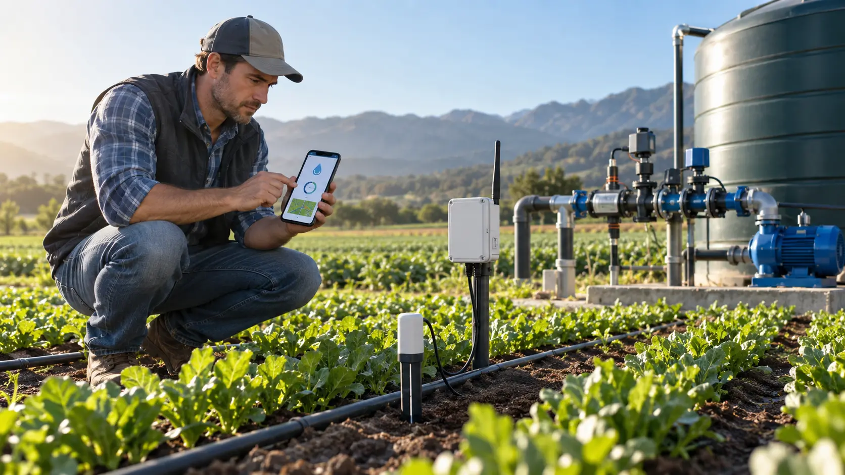 Engineer monitoring connected irrigation equipment