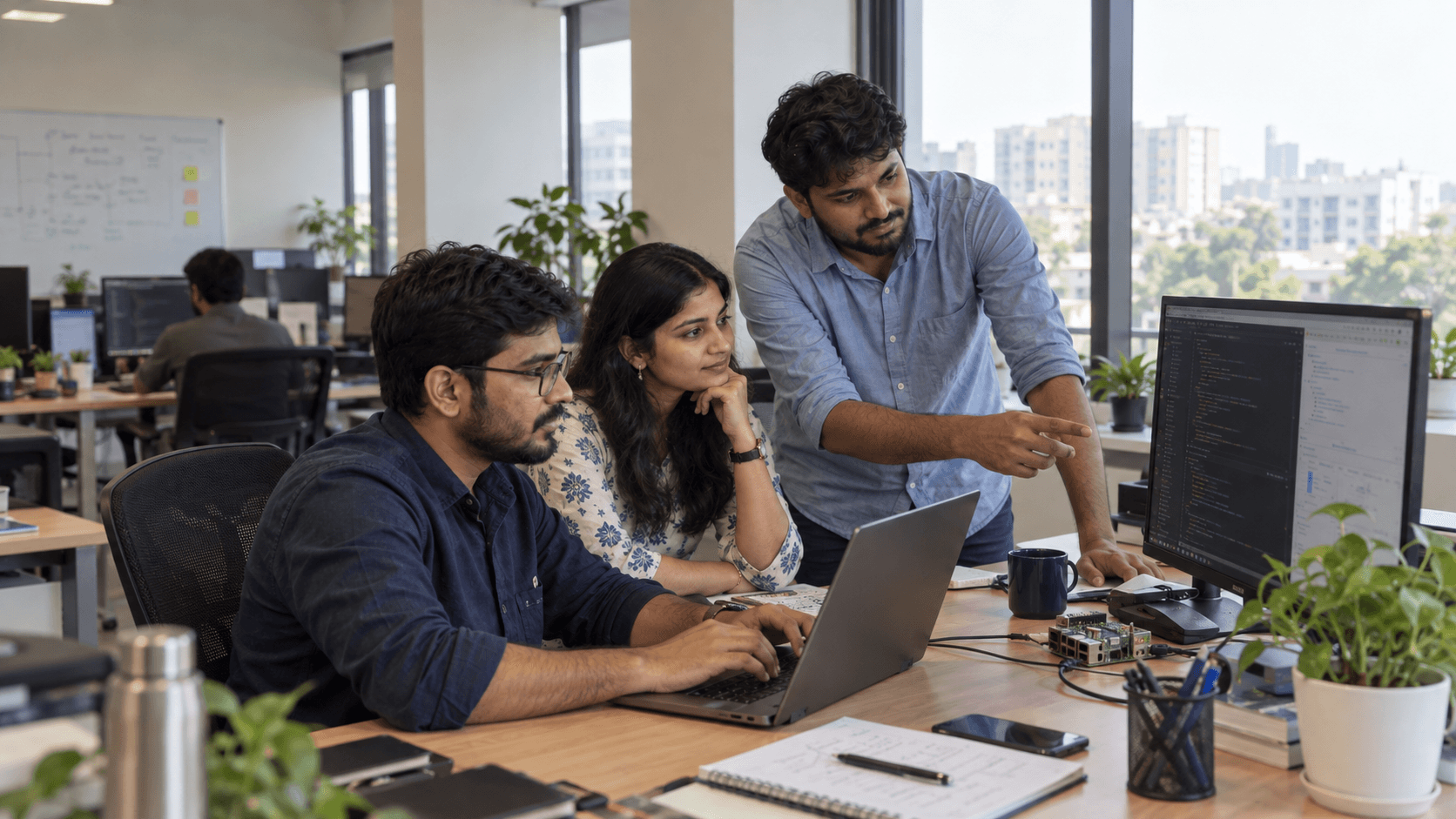 Software developers collaborating around a computer and connected device